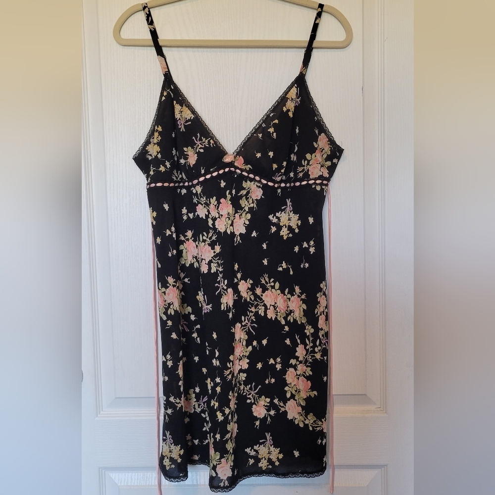 Oscar De La Renta Pink Label Black Floral Slip Dress Nightgown Size: XL